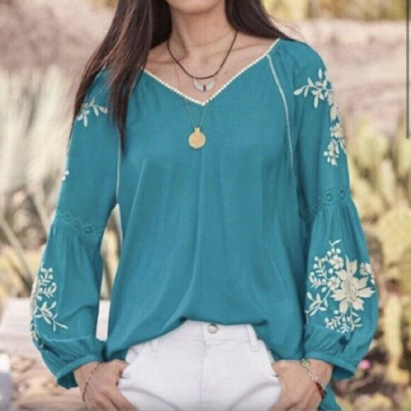 Sundance Naomi Isles Top Teal Embroidered Boho Balloon Sleeve Ladder Lace XXL - Picture 1 of 6
